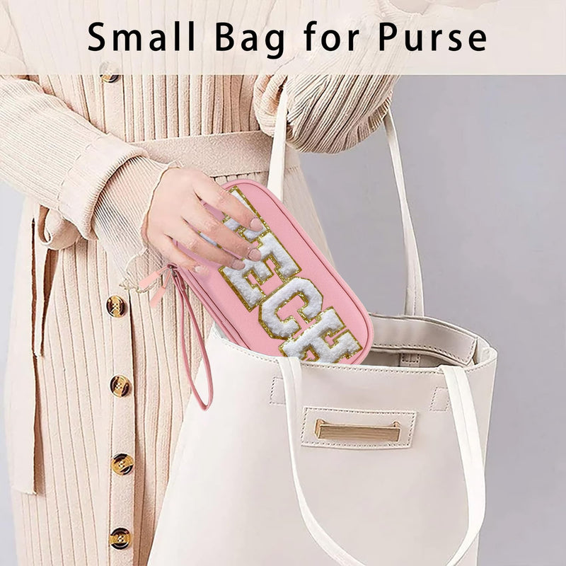 Electronics Organizer Bag Travel with Chenille Letter Patch TECH Traveling Essential Preppy Personalized Gift for Women Cable Cord Charger Storage Case Carrying Pouch (Light Pink) Light Pink