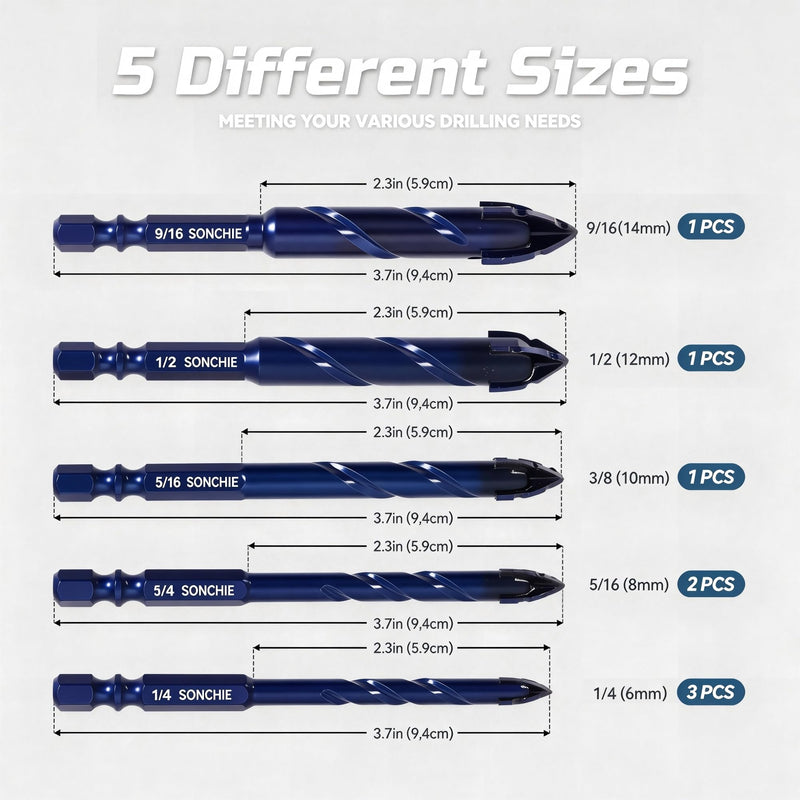 Upgraded SONCHIE Serrated Masonry Drill Bit Set - 1/4 to 9/16 Inch 8-Piece Set Industrial & HouseholdDrill Bit Set for Concrete/Tile/Glass/Brick/Ceramic/Plastic/Wood Blue Diamond 8-Pack