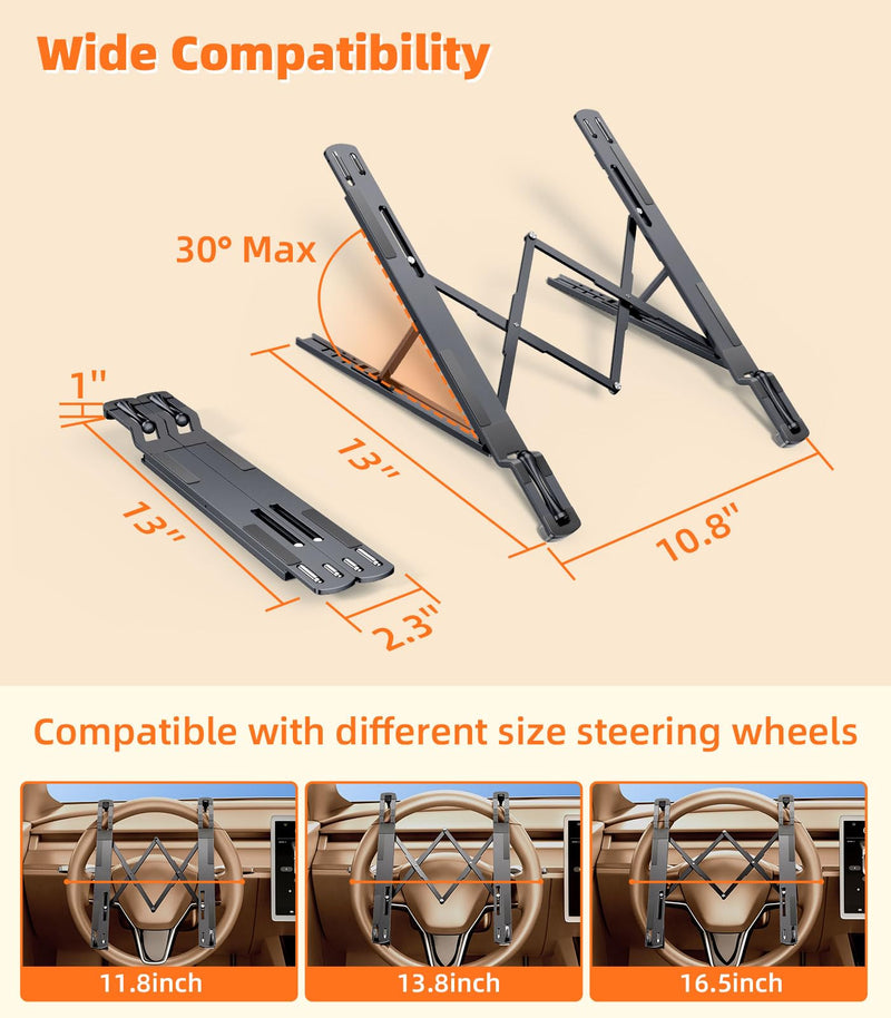 Car Laptop Mount Steering Wheel Tray Holder, Height Adjustable Car Desk for Laptop Computer Tablet, Foldable Portable Lap Laptop Stand for Car Vehicle Workstation Accessories Truck SUV Tesla Metallic Gray