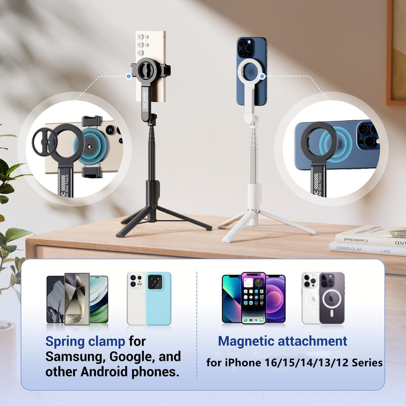 40.9" Magnetic Selfie Stick Tripod for Phone,Extendable Phone Tripod Stand with Detachable Wireless Remote & Magnet Clip Compatible with MagSafe for iPhone 17 16 15 14 13 Pro Max Plus Gopro&All Phones BLACK