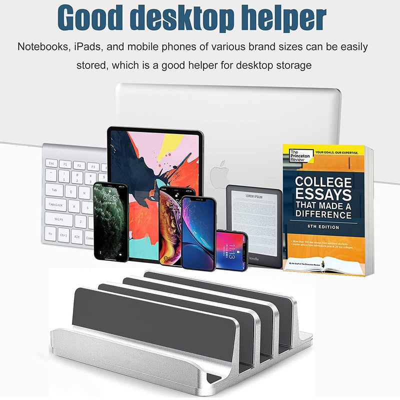 Vertical Laptop Stand [Updated Version], 3 Slot Desktop Stand Holder with Adjustable Dock, 4 in 1 Design Space-Saving Laptop Stand for Desk MacBook/Surface/Samsung/HP/Dell/Chrome Book (Silver) Silver