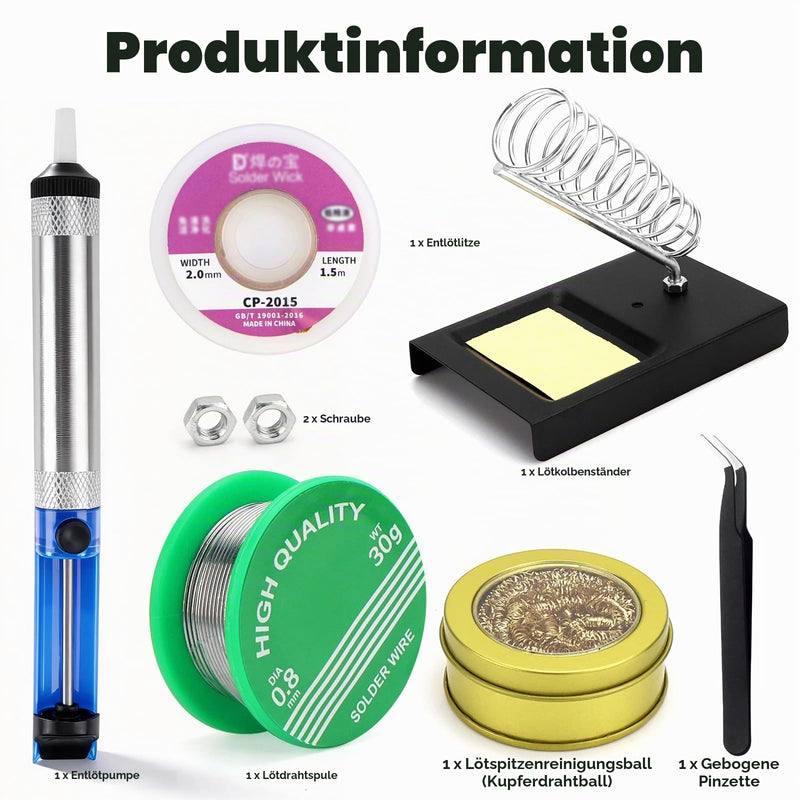 Erzekrim Soldering Tool Set Solder Desoldering Pump Desoldering Wick Soldering Tip Cleaner | Soldering Iron Stand with Sponge, Curved Tweezers, Soldering Accessories for Repair, Electric Soldering, Home (Set of 6) Pack of 6