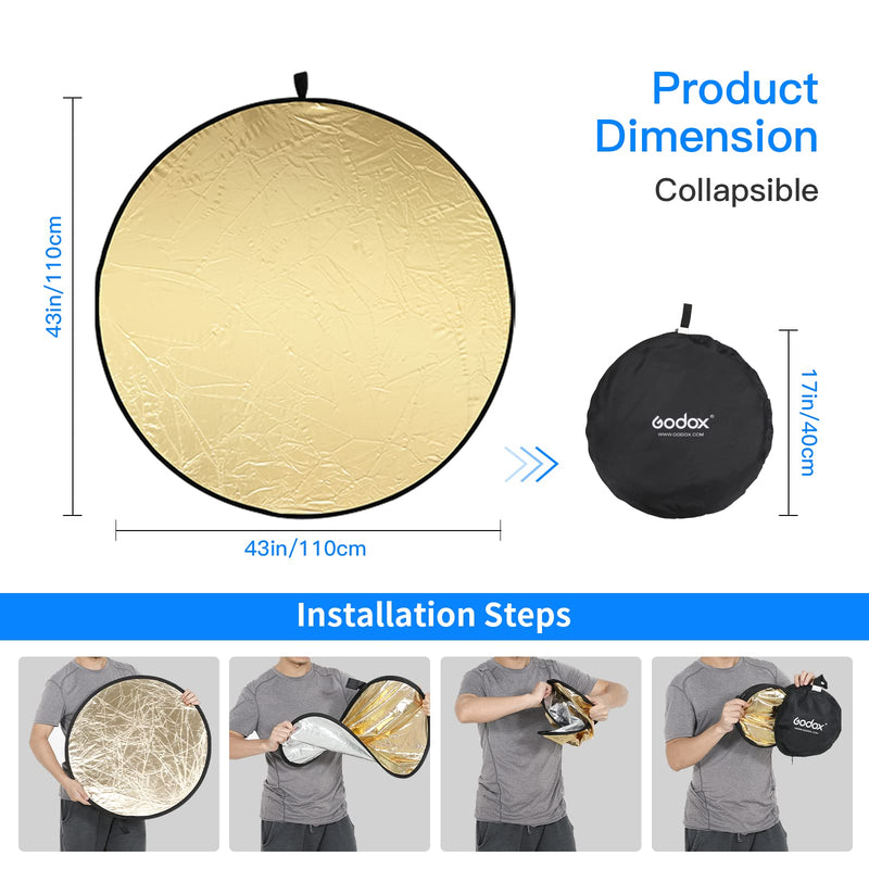 Godox 43”/110cm Light Reflector Diffuser,5-in-1 Portable Collapsible Round Multi Disc with Holder Clip & Bag for Studio Shooting,Video Location,Portrait Photography-Gold,Silver,White,Black,Translucent 110cm