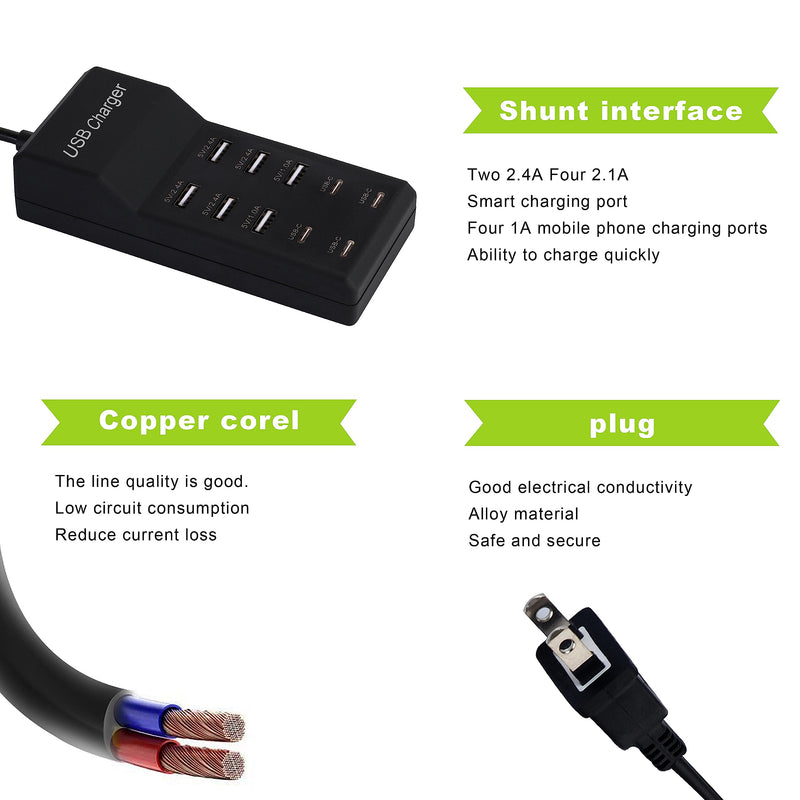 USB Charger,50W USB Charging Station with 10-Port (6 USB-A Port & 4 USB-C Port) Compatible with iPhone 15/14/13/12/11/X/8/7/6 Phones, Watch,Tablets, Smartphones Black 6USB-A&4USB-C Ports-black