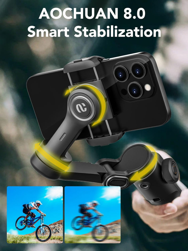 Smart X2 Gimbal Stabilizer, 3-axis Smartphone Gimbal Built-in 20cm Extension Rod, Portable Smart Tripod w/OLED Screen, 360°Rotation Tracking Shooting, Video Recording, Black