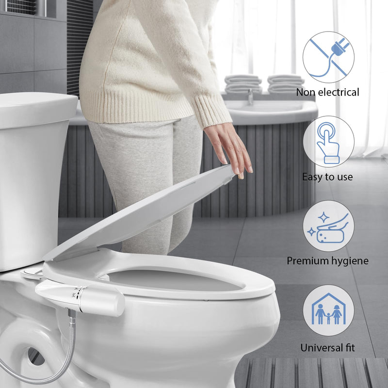 Bidet Attachment for Existing Toilet Seats, Ultra-Slim, Non Electric, Dual Nozzle, Rear & Feminine Wash, Fresh Cold Water Sprayer, Badays Bedets Bedits Badette Bidgets, Silver