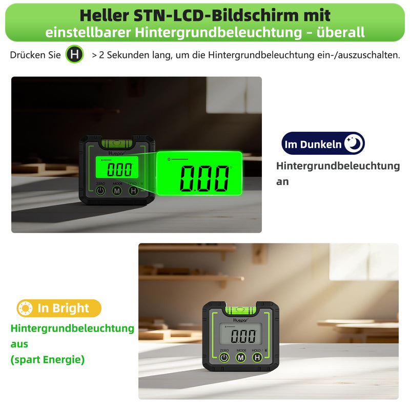 Huepar Digital Spirit Level, Mini Electronic Protractor, Digital Level Box with V-Groove Magnetic Base & Backlight, LCD Chamfer Gauge, Inclinometer for Carpentry, Construction, 0~360° AG01