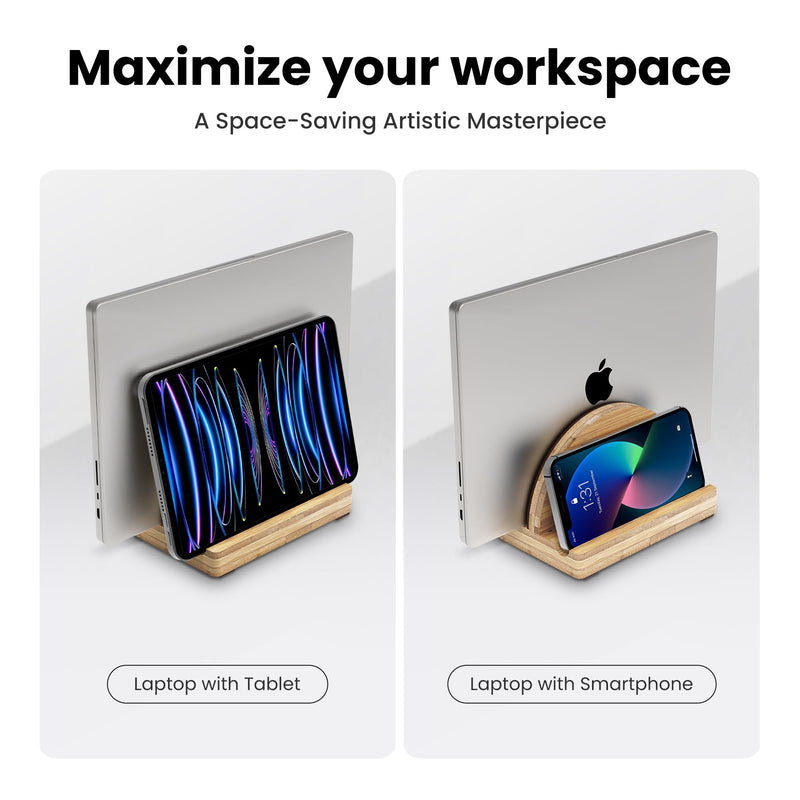 Kothar Premium Wood Vertical Laptop Stand - Adjustable Single Slot Bamboo Holder for MacBook, Dell, HP, and More | Space-Saving Desktop Organizer | Eco-Friendly, Sleek & Durable Design Natural