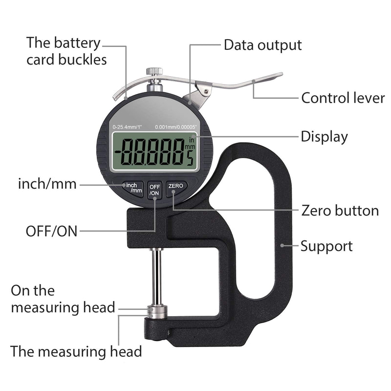 Neoteck Portable Digital Thickness Gauge 0-25.4mm Measuring Range 0.001/0.00005'' Electronic Micrometer Inch/Metric Electronic Percentage Thickness Gauge with Precise LCD Display