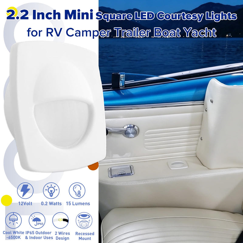Boat Courtesy Lights, 2.2 Inch Square White Bezel Boat Deck Lights 12 volt LED Recessed Mount Low Voltage Mini Stair Light for Marine Sailboat Trailer RV Step Light 0.2W 15LM 6500K Lighting, 6-Pack Cold White Light
