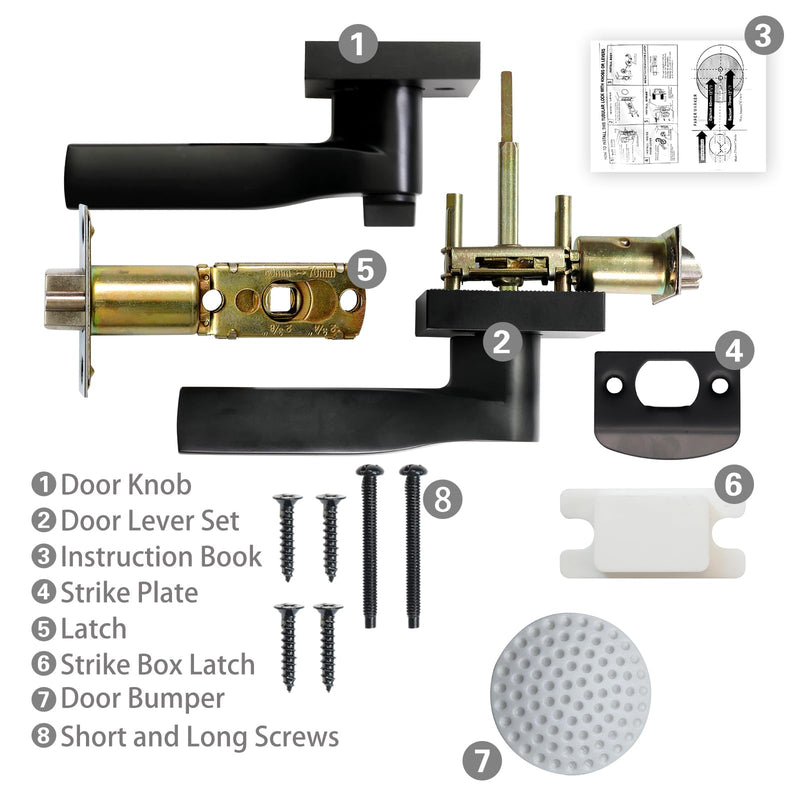 JO.KO Matte Black Door Knob, Interior Privacy Keyless Entry Door Lock, Square Style Reverisble Door Handles, Heavy Duty Door Levers for Bedroom Bathroom Doors 1 Pack Matte Black Tapered Keyless