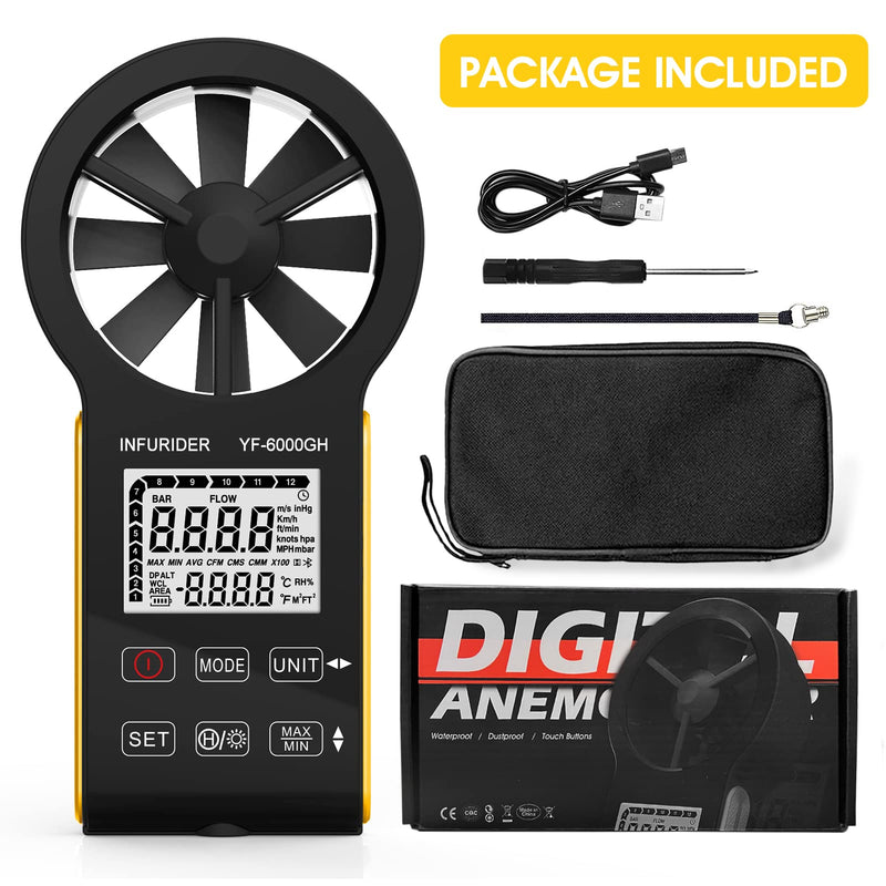 Rechargeable anemometer, wind measuring device, INFURIDER YF-6000GH smart touch digital anemometer hand for measuring wind speed/temperature, wind speed meter gauge for outdoor HVAC airflow
