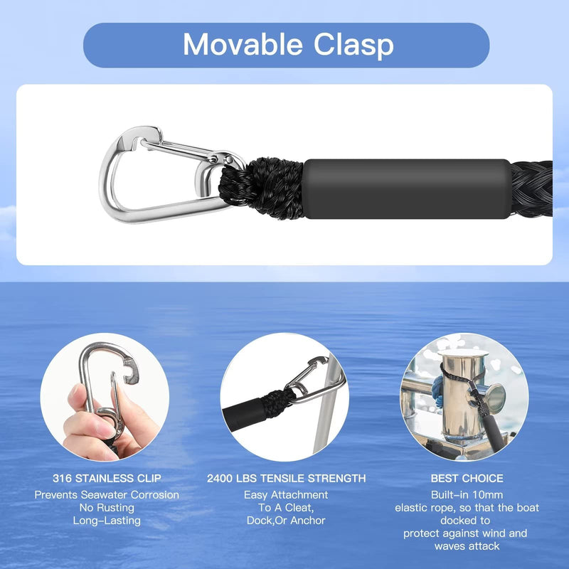 Bungee Dock Lines for Boat,4 PCS Boat Dock Rope with Stainless Steel Clip,Jet Ski Accessories for PWC,Kayak,Power Boat(Black,4-5.5ft) 4 Pack Black