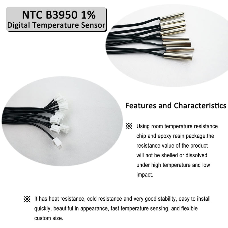 Pack of 8 NTC thermistor 10K ohm temperature sensor probe, Fajoeda stainless steel NTC 10K B3950 1% with 1m cable digital thermal extension cable