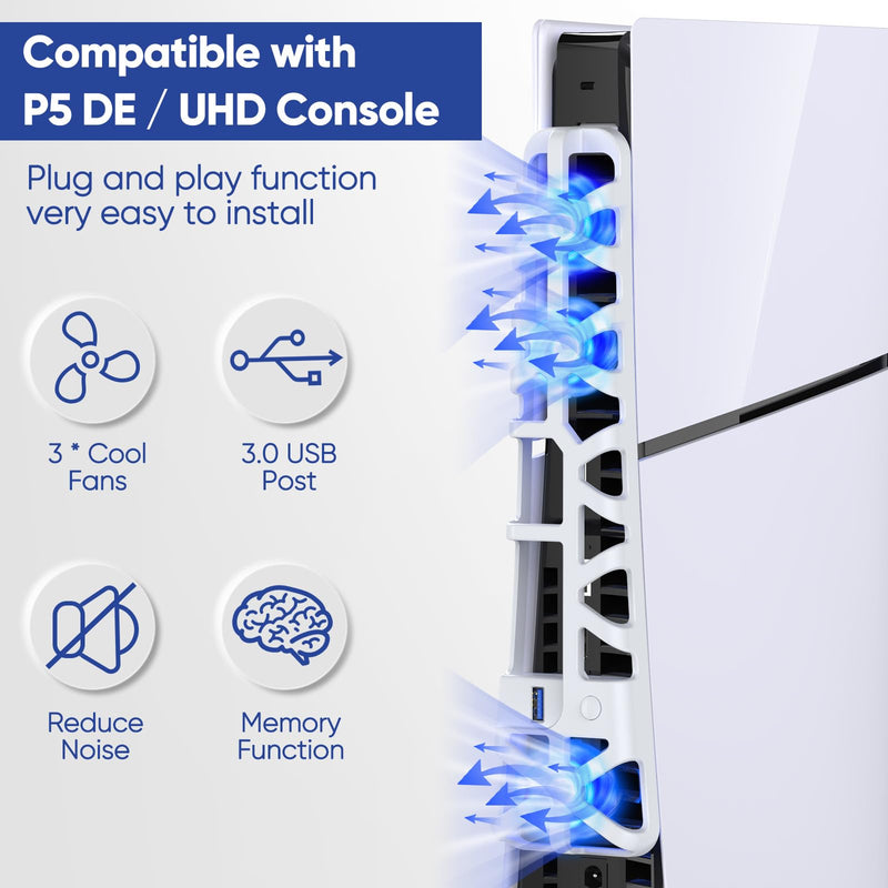 FASTSNAIL Cooling Fan for PS5 Slim Console, Quiet Cooling System with Memory Function and LED Light, Cooler Accessories with 3 High-Speed Fans & USB 3.0 Port for PlayStation 5 Slim White