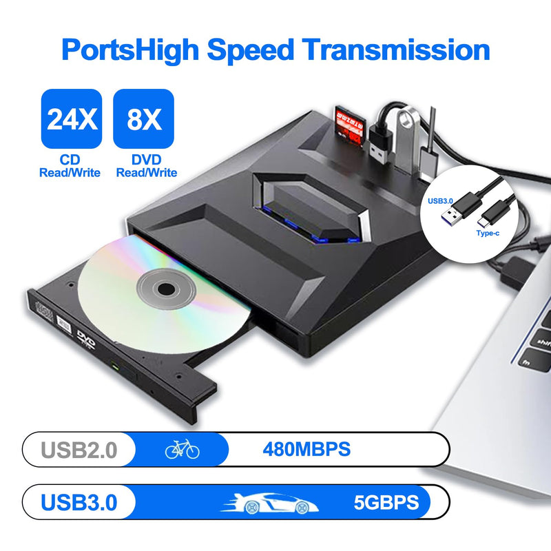 External CD/DVD Drive for PC and Laptop - 5-in-1 USB C Portable DVD Player with SD Card Slot & 3 USB Ports - High-Speed CD Burner Compatible with Mac, Windows 11/10/8/7, Linux