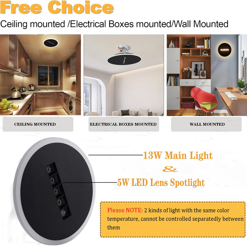 Kawell Creative 13W Close to Ceiling Light with 5W Spotlight 9.4 Inch LED Ceiling Light Hardwired Acrylic LED Ceiling Lamp Indoor for Hallway Bedroom Study Living Room, Black(Warm White)