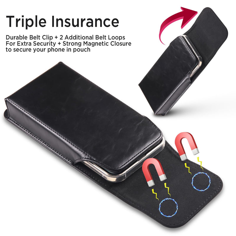 Miimall Leather Cell Phone Holster with Belt Clip, Phone Pouch for iPhone 15 Pro Max 15 Plus 14 Pro Max 13 Pro Max 12 Pro Max 11 Pro Max XS Max, Galaxy S24 Plus S23 Plus S22 Plus S21 Plus, Black-Large Large