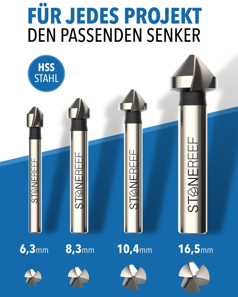 Countersink Set of 4 HSS Countersink Metal Wood Deburring with Box | 4 sizes from 6.3 to 16.5 mm cover common screw heads 6,3 + 8,3 + 10,5 + 16,5 mm