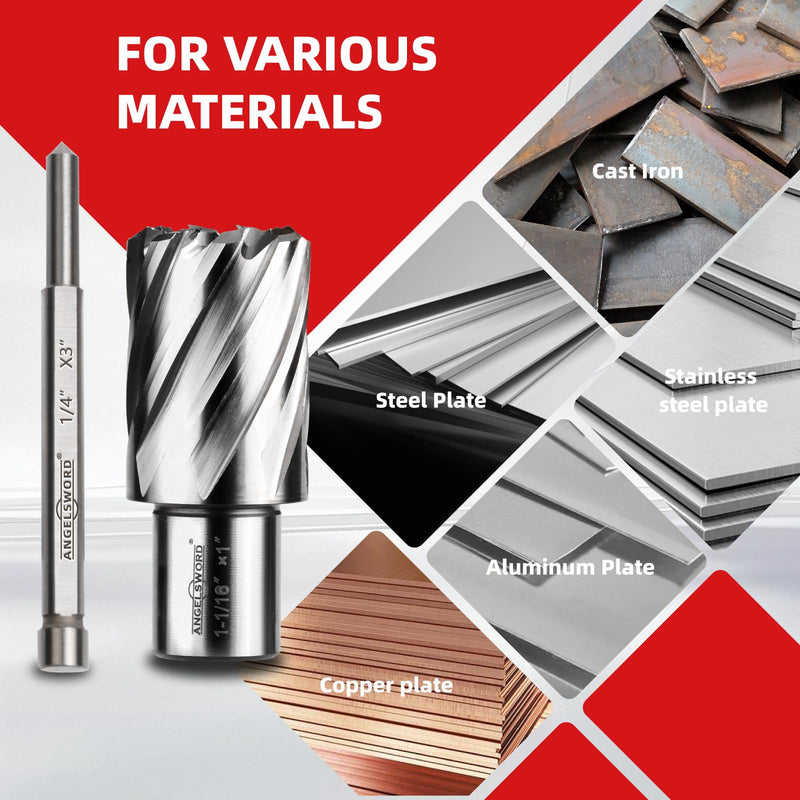 ANGELSWORD HSS Annular Cutter Diameter 7/8", Cutting Depth 2" High Speed Steel, Mag Drill Bits Kit for Magnetic Drill Press, with One 1/4"*4" Pilot Pin H. 7/8" Diameter HSS 2" Cut Depth