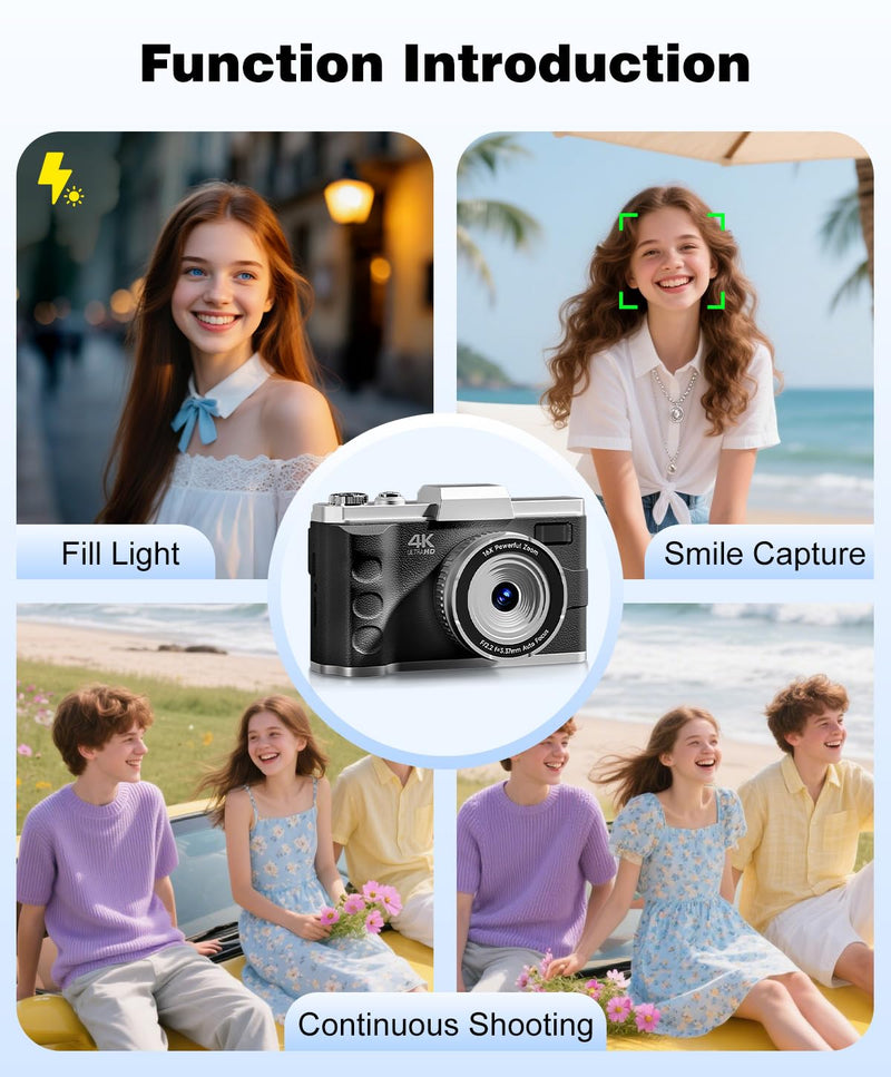 4K Digital Camera for Photography - Autofocus 64MP Vlogging Camera for YouTube Video, Dual Camera, Anti-Shake, 16X Zoom Compact Travel Cameras for Teens with 2 Batteries, 32GB Card (Black) Black