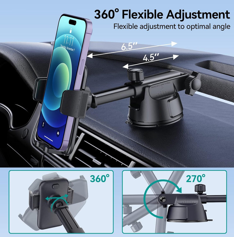 Car Phone Holder Mount, [Military-Grade Suction & Super Sturdy Base] 3 in 1 Universal Phone Mount for Car Dashboard Windshield Air Vent Hands Free Car Mount for iPhone Android Smartphone Black