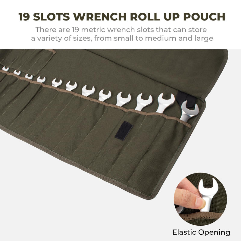 LELEZONE Wrench Roll Up Pouch, 19+1 Pockets Utility Roll, Portable Tool Organization Roll Bag, Gifts for Men Father Mechanic, Heavy Duty Canvas Wrench Organizer Bag (Green) Green