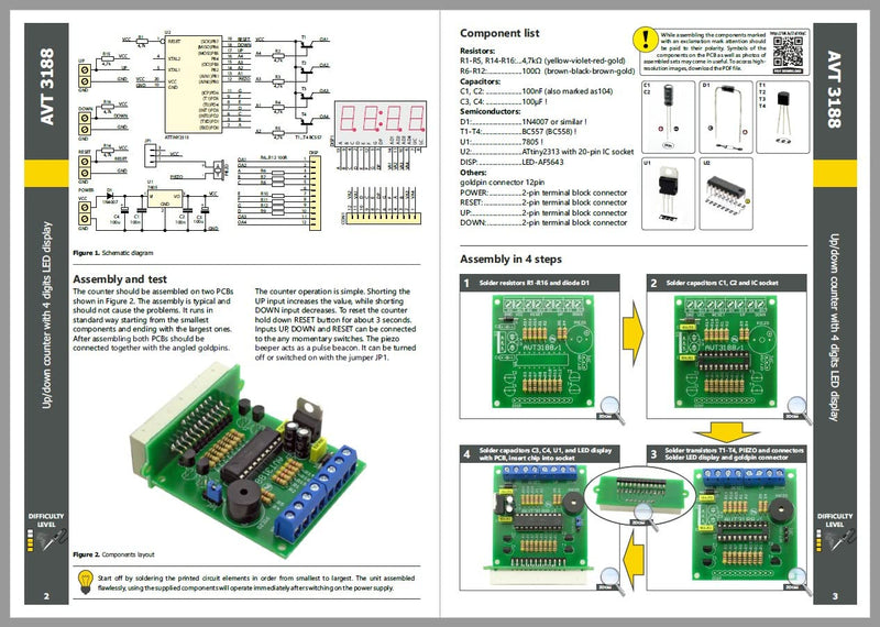 AVT3188 Pulse Counter Kit LED 4 Digit 9999 DIY Kit | DIY pulse counter with 4-digit LED display, up down counting, memory function, beep and 10Hz counting frequency