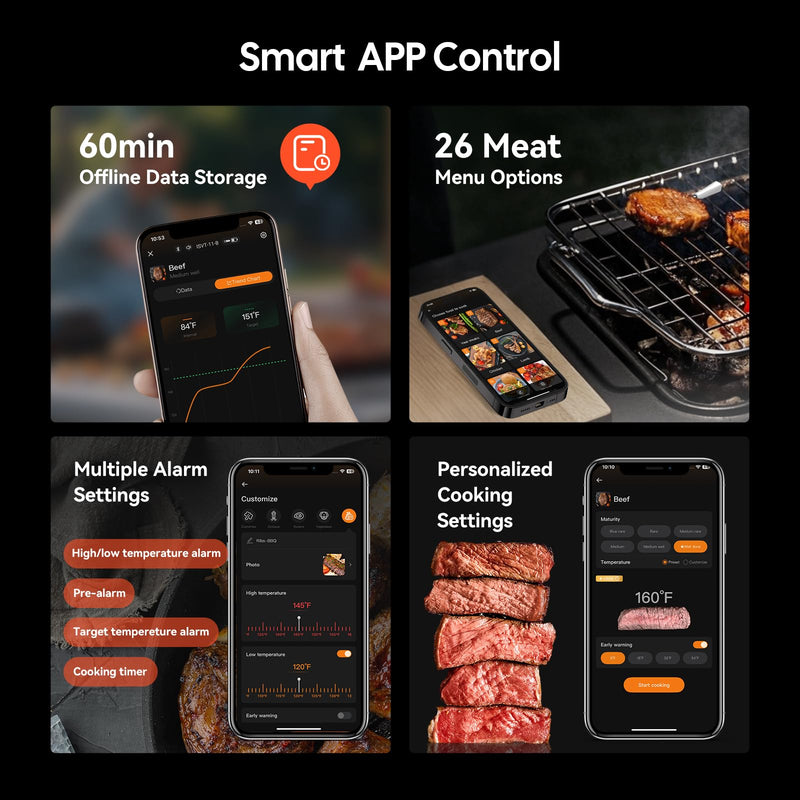 Wireless Meat Thermometer Digital with Clear White LED Display,1000ft Bluetooth 5.4 Meat Thermometer, 4 inches Short Smart Food Thermometer Probe for BBQ, Grill, Rotisserie
