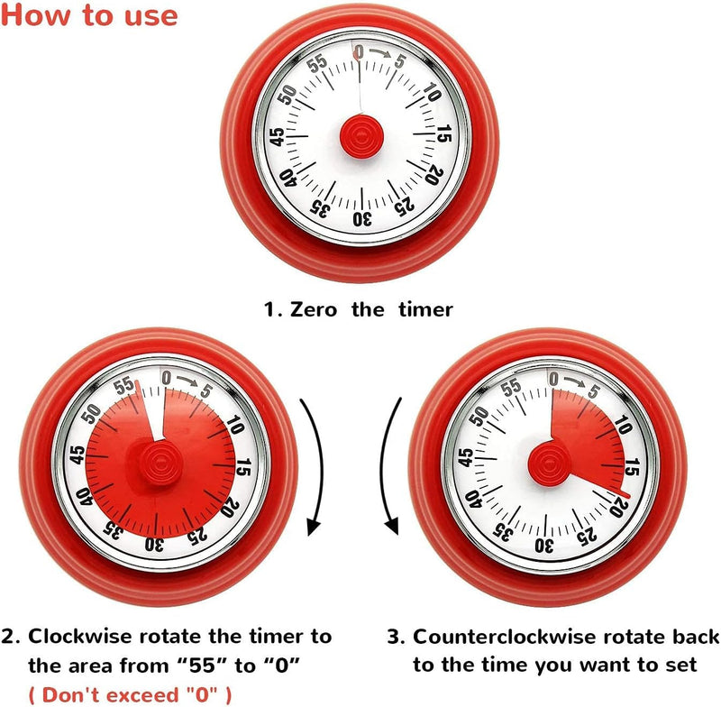 Mechanical Timer, Visual Countdown Timer, 60 Minutes Electronic Timer for Cooking, Classroom, Game, Study, Office, Magnetic Alarm Clock with Alarm Sound (Red & White) Red & White