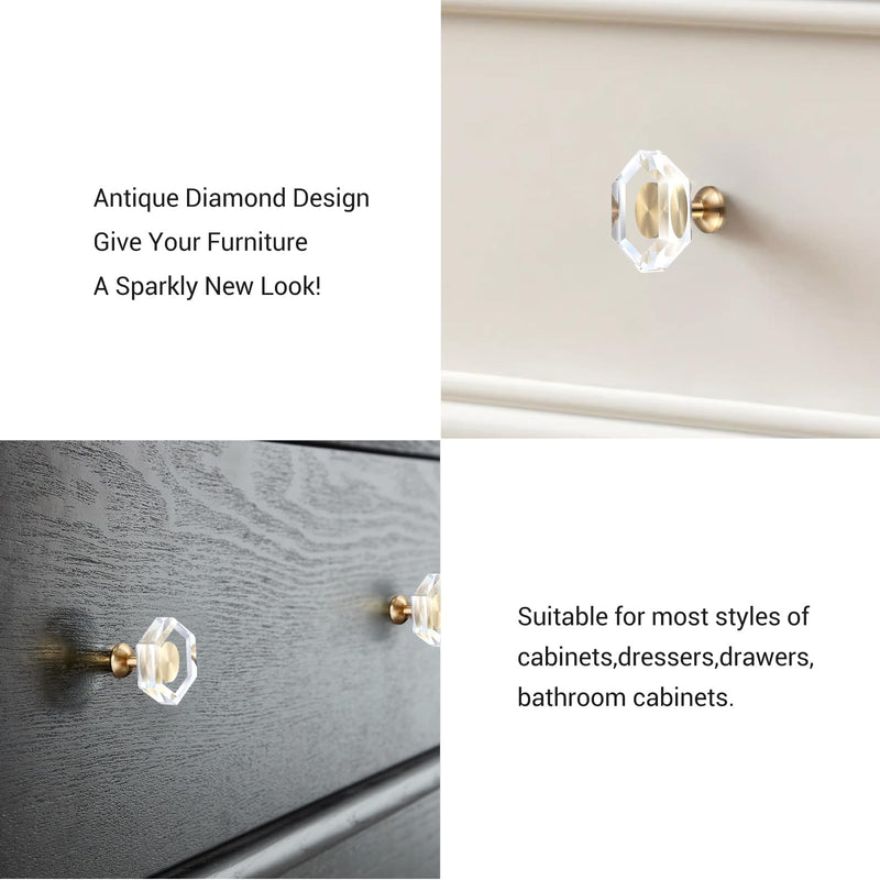 Guank 12-Pack Brass Base Crystal Drawer Knobs, Glass Crystal Gold Cabinet Knobs, 1-5/16-Inch Hexagon, Kitchen Hardware Pulls, Modern Bathroom Hardware Knob 12 Pack hexagonal-1.2inch