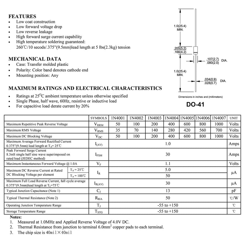 ALLECIN Pack of 150 1N4001 Rectifier Diode IN4001 1A 50V 4001 Axial 1Amp 50Volt Rectifier Diode Rectifier Diodes DO-41