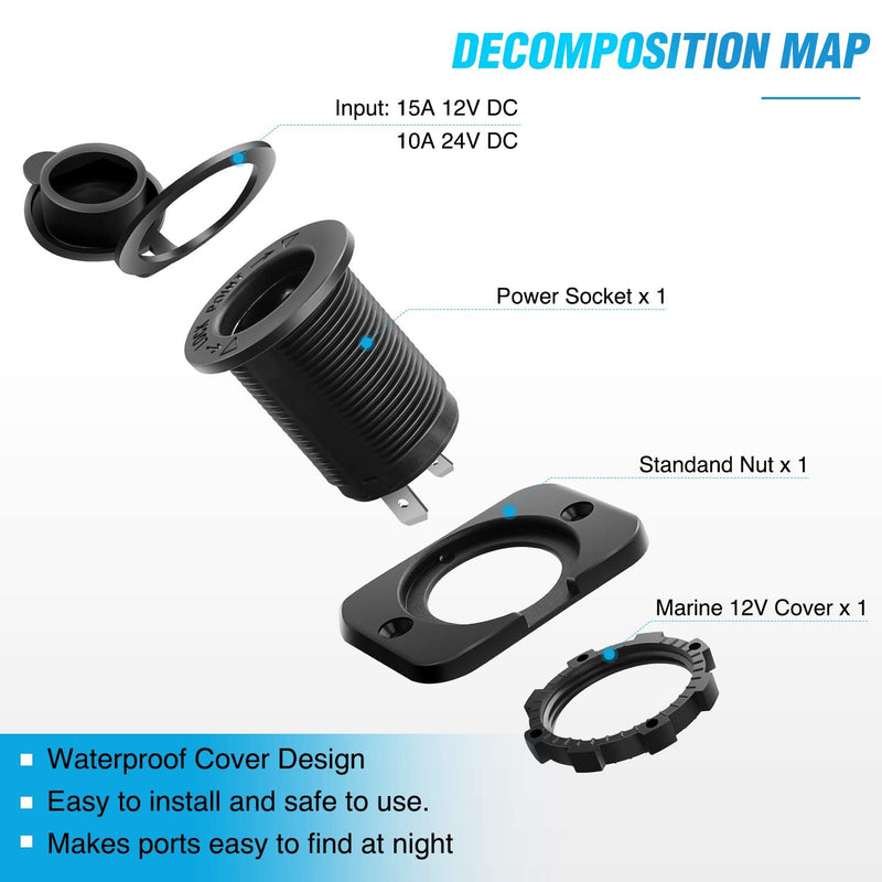 Nilight 2 Pack Car Cigarette Lighter Socket DC 12V Waterproof Power Outlet Adapter Replacement with Terminals Wires and Screws for Marine Boat Motorcycle, Boat, Car,Truck, RV, ATV 2Pcs Cigarette Lighter Socket