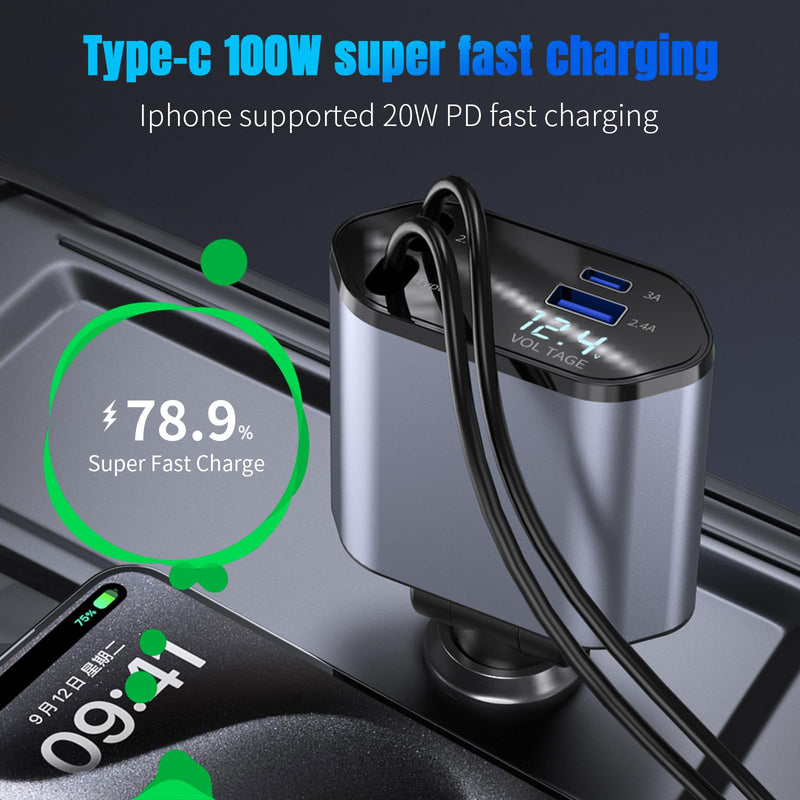 Retractable Car Charger, 4 in 1 Fast Car Phone Charger 100W with Cord 2.6ft, Retractable Cable and 2 USB Ports Car Charger Adapter for iPhone 15 14 13 12 Pro Max, Galaxy S23