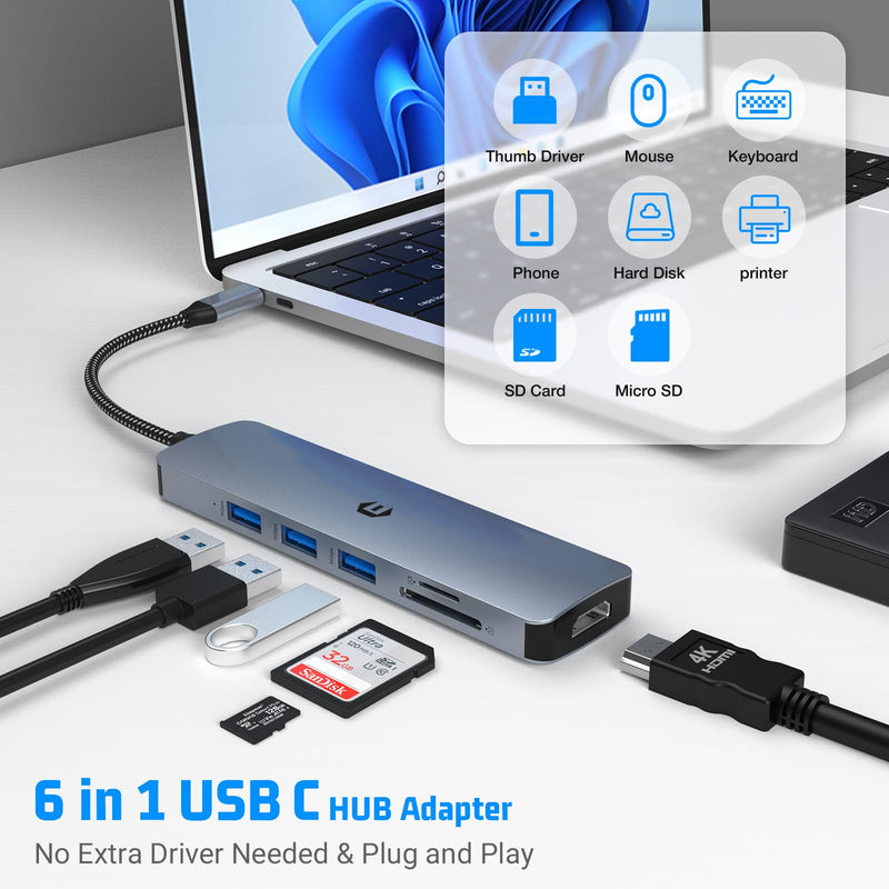 USB C Hub, 6 in 1 USB C to USB Adapter, Elevate Your Connectivity, 6 in 1 Laptop Docking Station with 4K HDMI, 3 x USB 3.0, 5 Gbps Data Transfer