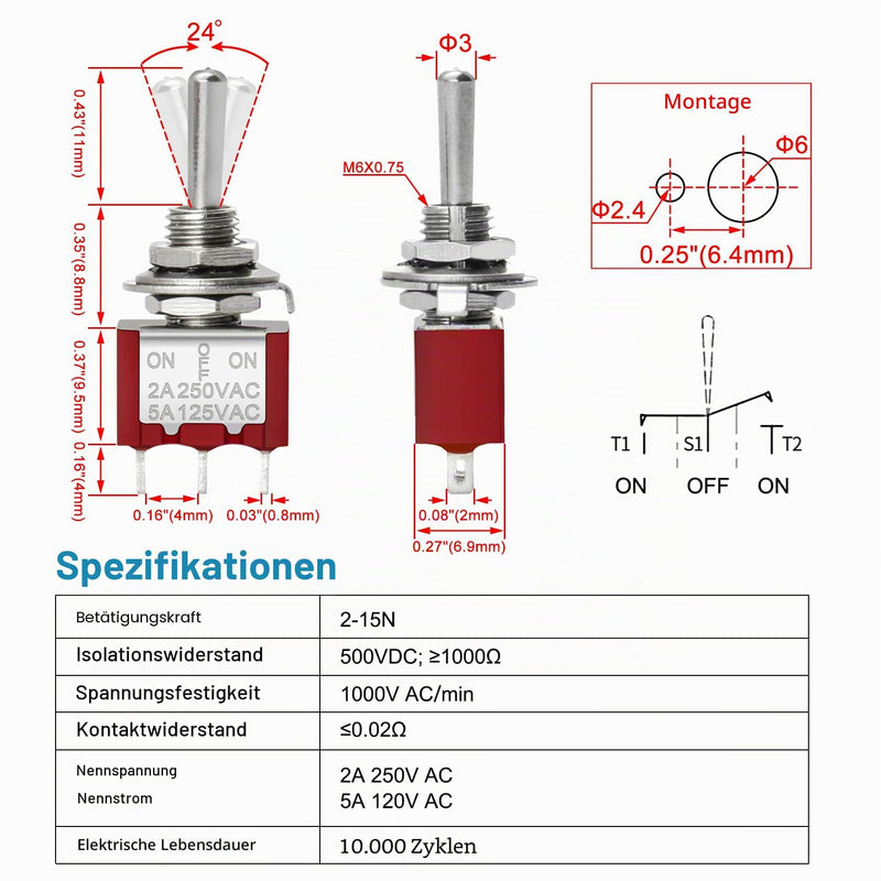 Heschen Miniature Toggle Switch MTS-123 1-Pin (On) Off(On) Button, 2A 250VAC / 5A 120VAC, Small Push Switch with Spring Reset and 3 Ports for Model Railway & DIY Electronics, Pack of 5 3 Pins (Ein)-Aus-(Ein) tastend