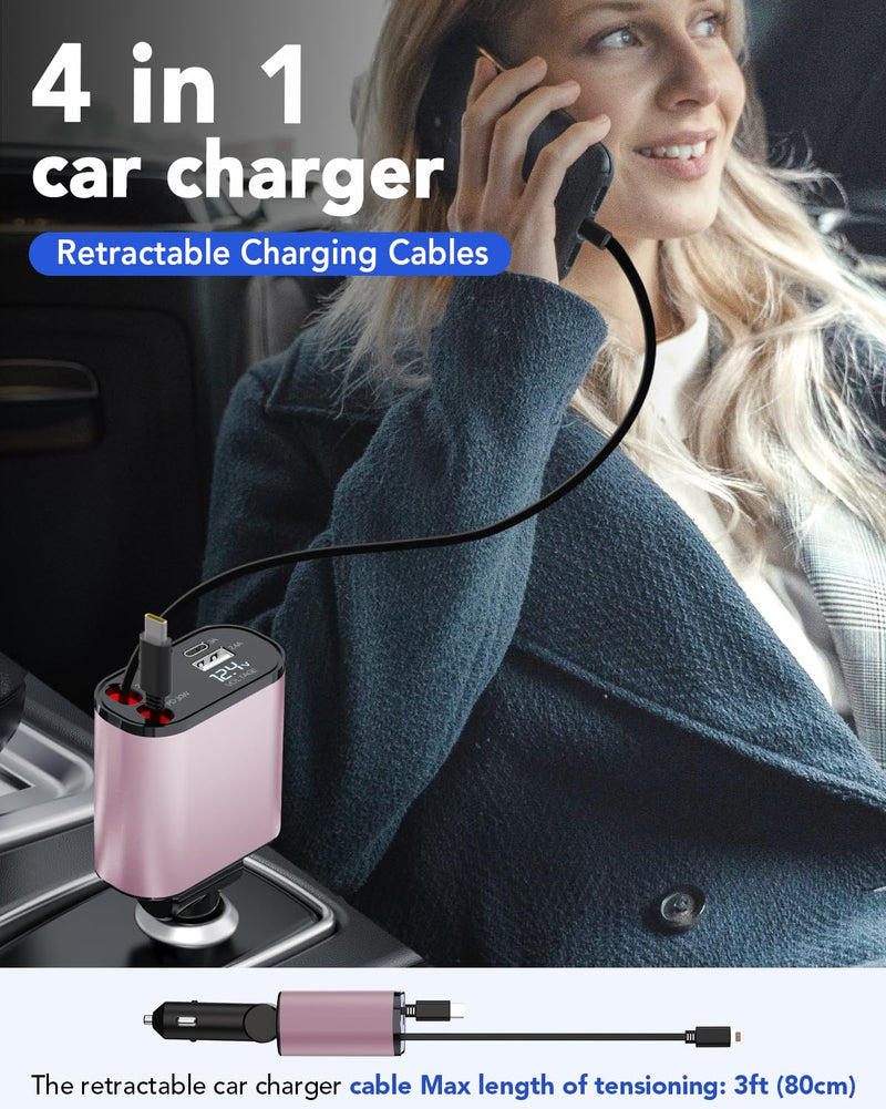 Retractable Car Charger, 4 in 1 Fast Car Phone Charger 66W, 2 Retractable Cables and USB Car Charger, USB C Car Charger for iPhone 15/14/13/12/11, Galaxy, Pixel Type C+Lightning (Pink)