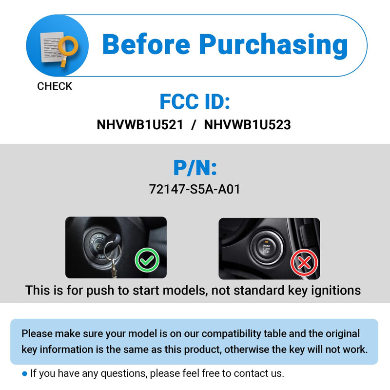 Key Fob Replacement Compatible with 2001-2005 Honda Civic DX EX LX/ 2003-2007 Honda Pilot NHVWB1U523 Keyless Entry Remote Control NHVWB1U521 (2-Pack)