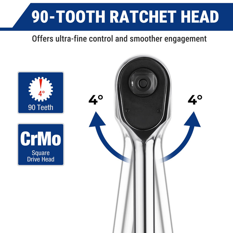 WORKPRO 3-Piece Low-Profile Drive Ratchet, 1/4", 3/8", 1/2" 90-Tooth Quick-Release Ratchet Wrench, Reversible, 4° Swing, CR-MO Compact Drive Head, Full Polished, Gifts for Men 3-Piece(1/4", 3/8", 1/2")