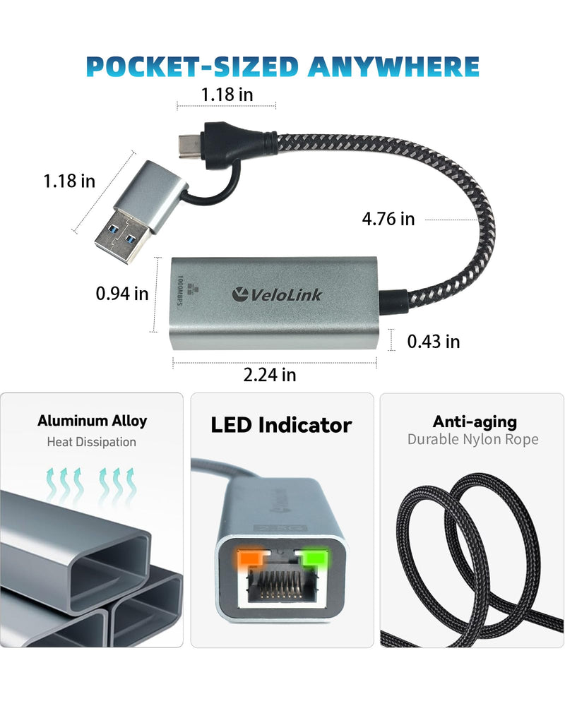 USB to Ethernet Adapter, 1Gbps USB C to RJ45 Gigabit LAN, 2-in-1 Ethernet Adapter for Laptop (Thunderbolt 4/3 Compatible), Aluminium Shell&Nylon Cable for Laptop, MacBook,Chromebook,PC and More USB A +C to 1Gb Network