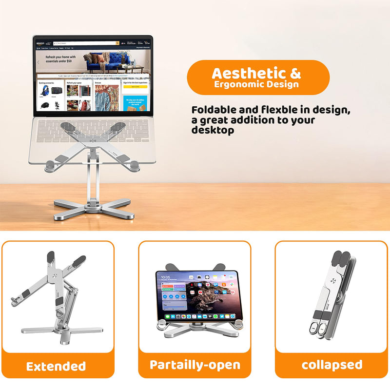 Laptop Stand with 360 Rotating Base, Computer Notebook Laptop Riser Metal Holder for Desk Collaborative Work, Fully Foldable for Easy Storage, Fits All MacBook, Laptops up to 16 inches Silver