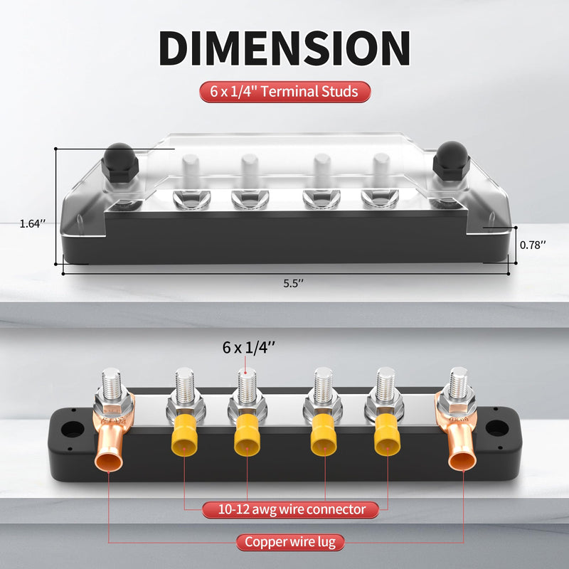 DaierTek Power Distribution Block 12V Bus Bar Terminal Block 150A 6 x 1/4" Terminal Studs 12 Volt for Automotive Marine Boat Solar System (Pair - Negative & Positive) 6xM6