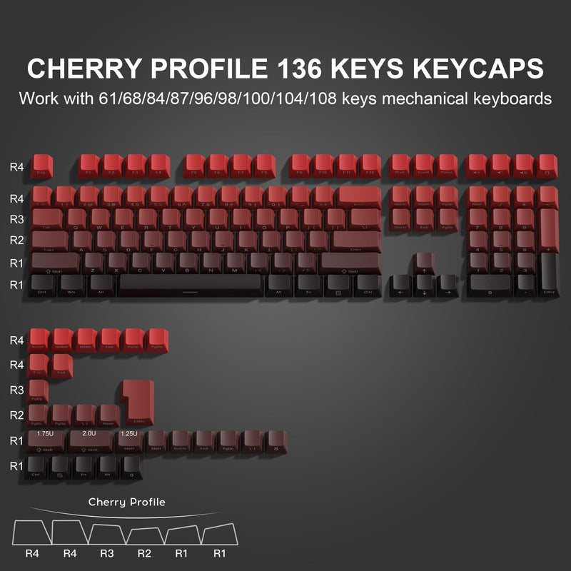 XVX Gradient Side Print Keycaps Red, Double Shot PBT Keycaps 75 Percent,Cherry Profile Shine Through Key Caps, Minimalist Style Custom Keycap Set for Mechanical Keyboards Red and black