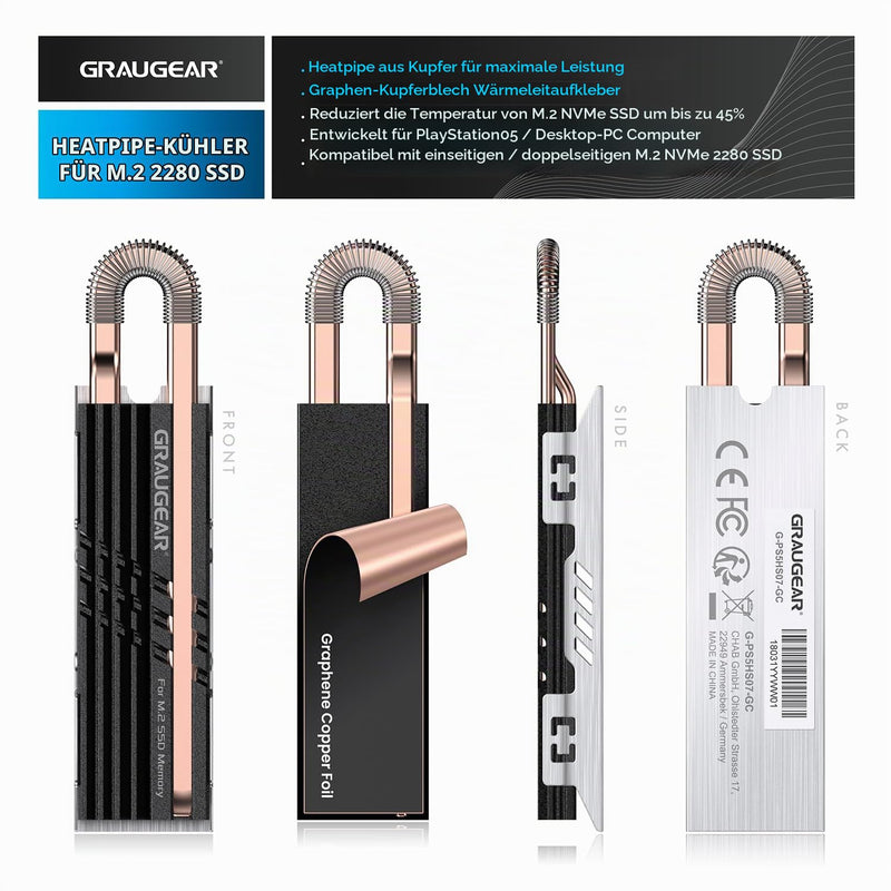 GRAUGEAR NVMe SSD M.2 Heatsink Heatpipe Heatsink [Quiet Passive Cooling] | Silent Cooler for NVMe M.2 SSD I Compatible with Gaming PC + Thermal Pad I for PC Case PC Accessories Desktop PC
