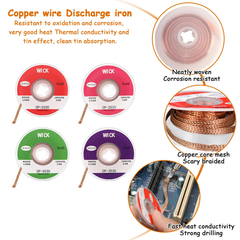Soldering Wire, 4-Piece Desoldering Braid Set, Copper Desoldering Wire, No-Clean Desoldering Braid, 2 mm, 2.5 mm, 3 mm, 3.5 mm, Removal of Solder for Disassembling Electrical Components