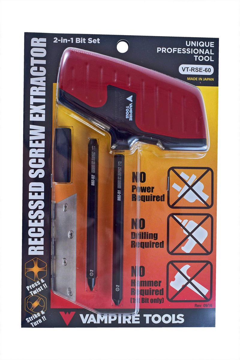VAMPLIERS Recessed Screw Extractor, Phillips Screw Head 2 Bit Set. Made in Japan. Specially Designed to Remove Damaged/Stripped Countersunk Flathead Screws. High Torque Handle Grip.