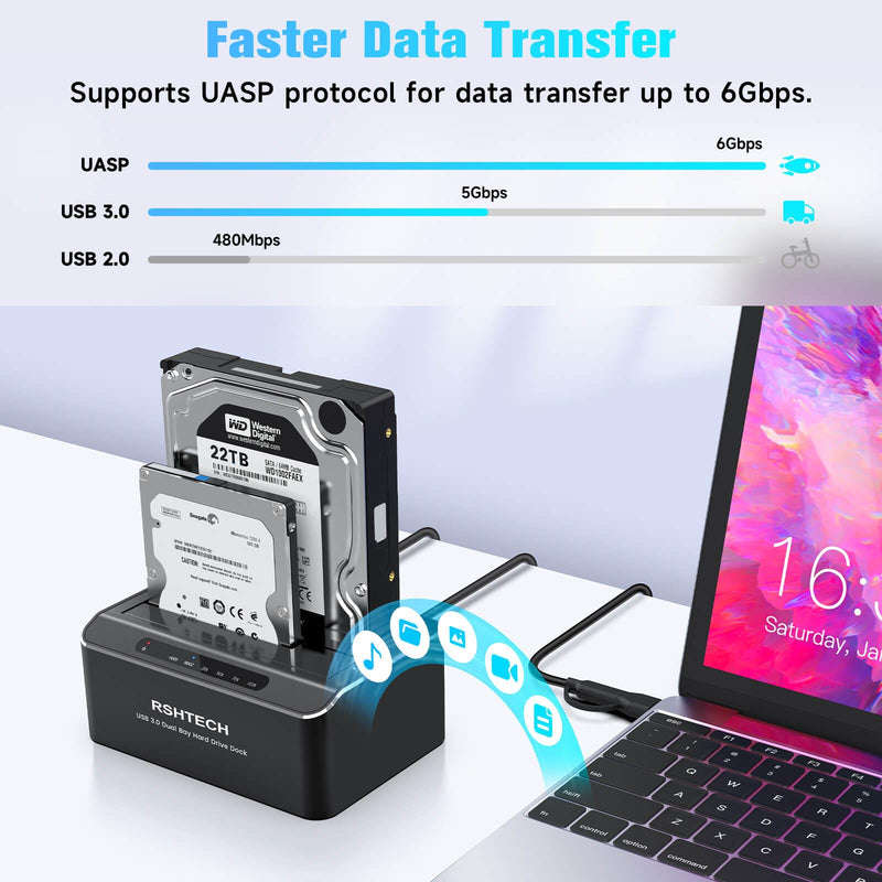 RSHTECH Hard Drive Docking Station Aluminum USB-C/USB 3.0 to SATA Dual Bay Hard Drive Dock for 2.5 or 3.5 inch HDD SSD, with 2-in-1 USB Cable, Support Offline Clone, UASP and 2x22TB, RSH-DS01C