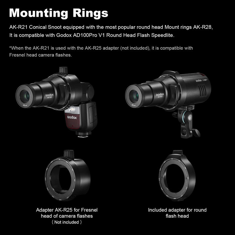 Godox Ak-R21 Conical Snoot Flash Projection Attachment Kit with 65mm Lens and 10pcs Transparency Set with 1/4 Screw for Godox AD100PRO AD200PRO V1Pro, TT685II, V850II V860II, V860III Flash