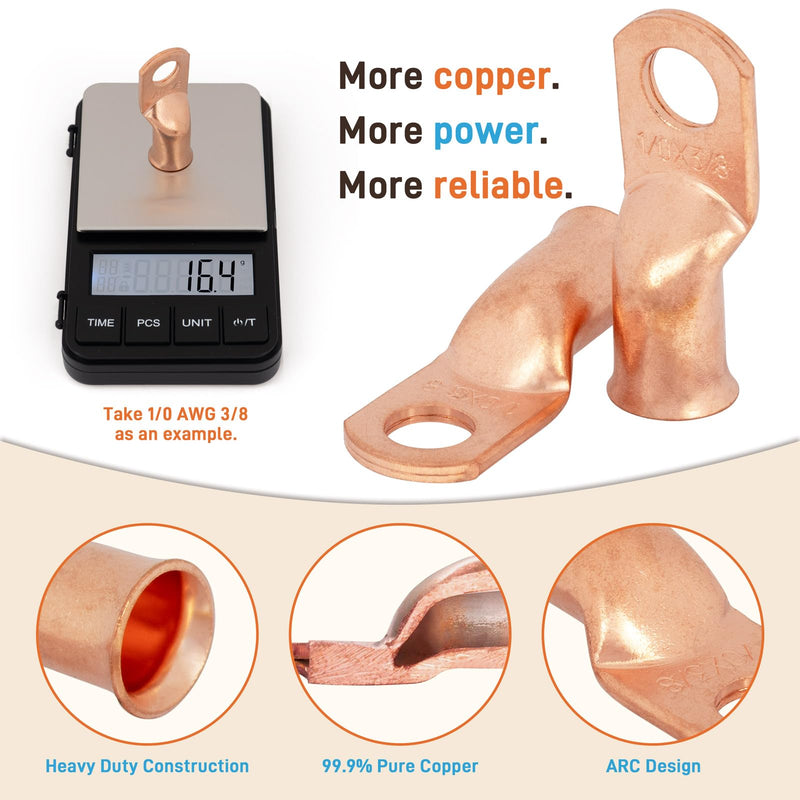 Sanuke 20pcs 2/0 AWG-3/8 Wire Connectors, Battery Copper Lugs Terminals | Heavy Duty Wiring Connectors for 00 Gauge Wires, 20pcs 3:1 Dual Wall Adhesive Heat Shrink Tubes(UL), Electrical Crimp Ends 2/0 Awg - 3/8" (M10) Bare Copper 20
