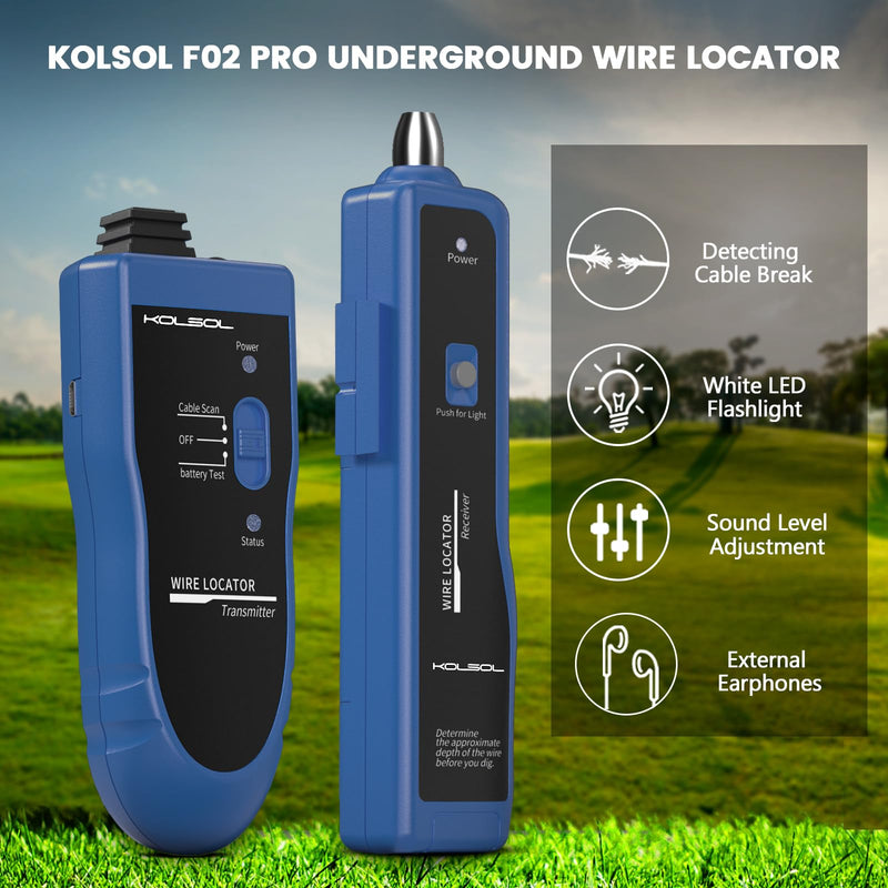 Underground Wire Locator, Cable Tester F02 Pro for Locate Wires, Locate Control Wires Cables Pet Fence Wires, up to 3 Feet Deep 1640 Feet Length, Equiped with Rechargeable 1100mAh Battery Blue